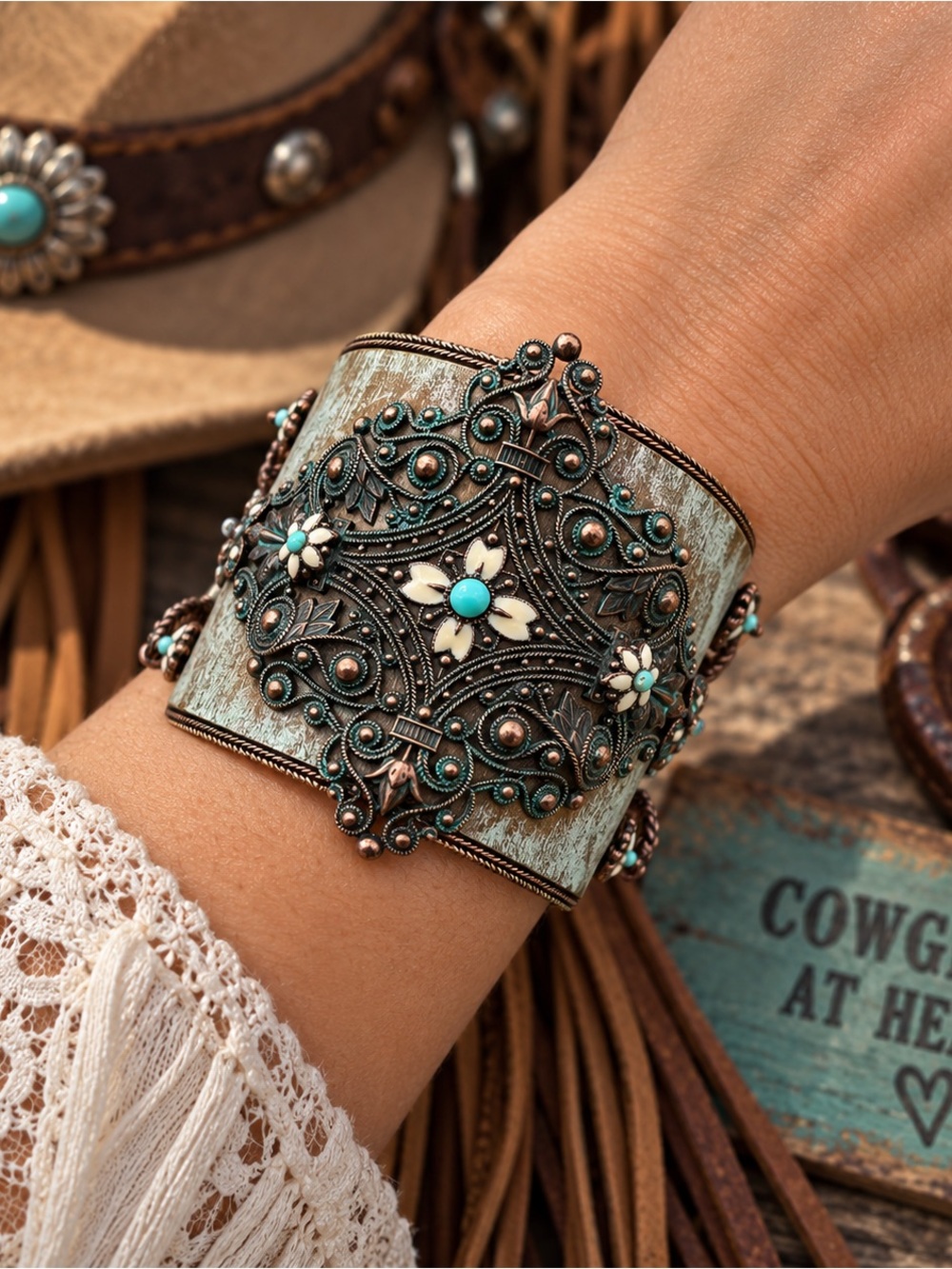 Ornate Copper Filigree Cuff Bracelet Turquoise Floral Boho Statement